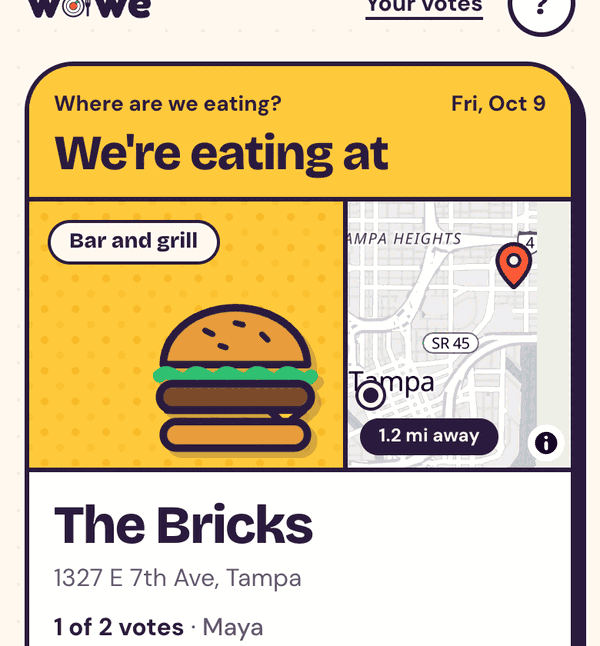 The result card with buttons to open the place in Maps and add dinner to your calendar