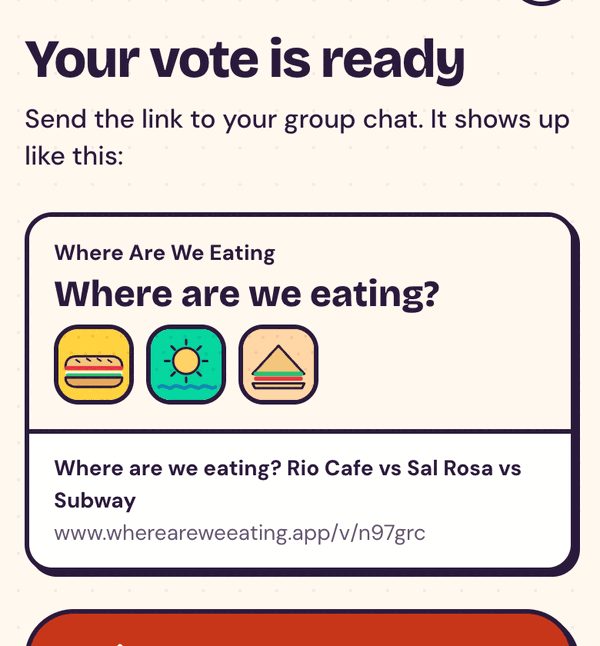 The screen that says your vote is ready, with Share and Copy link buttons
