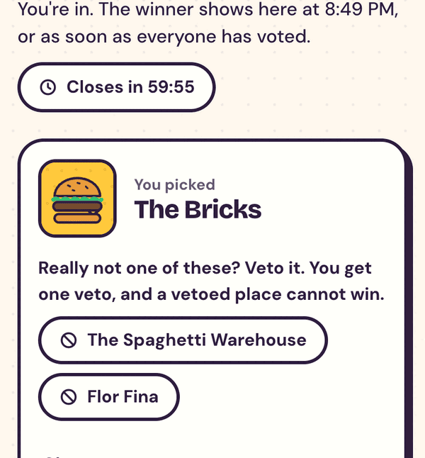 The vote page after voting, with a veto button on each place and the live count of votes